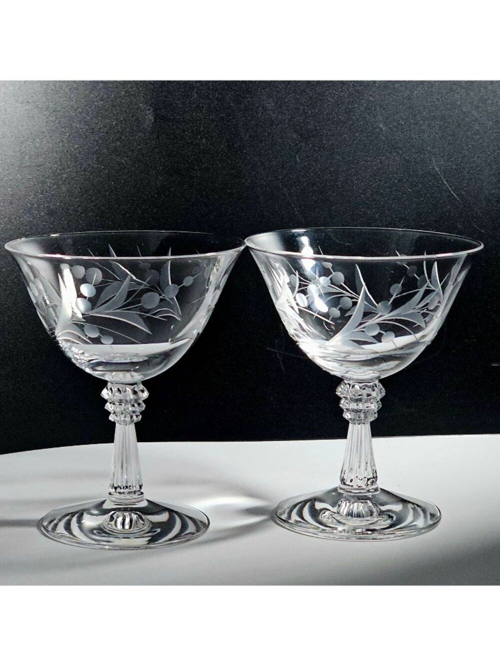 2 Fostoria Cynthia Champagne Coupes Glasses 4.5" sculpted stem etched cut glass